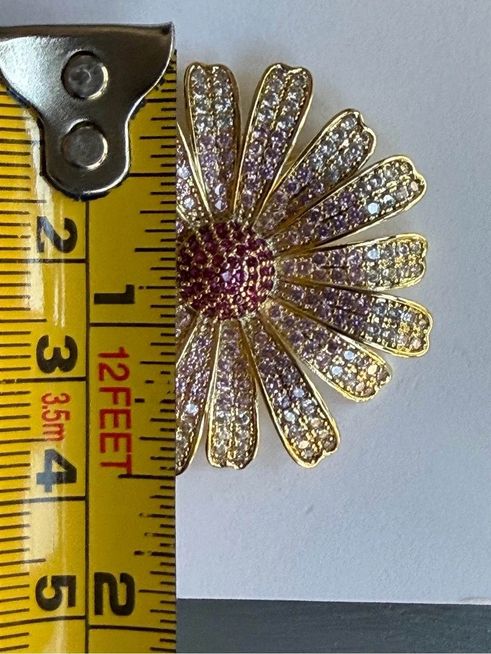 Gold-Tone Pink & White Crystal Flower Brooch